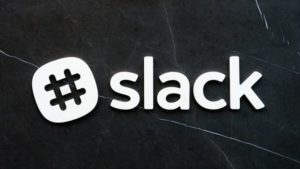 Logo for slack messenger service: black background, white hashtag and slack in white lettering